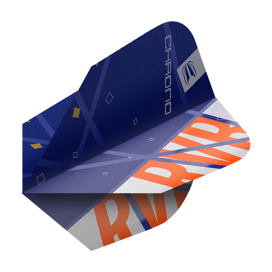 Standardní letky Target Pro Ultra Raymond Van Barneveld Chrono Ten-X - 3 sady Das Bild zeigt ein Dart-Flight aus der Serie "Target Pro Ultra Raymond Van Barneveld Chrono Ten-X Standard". Das Flight ist hauptsächlich blau mit orangefarbenen und weißen Akzenten sowie dem Schriftzug "RV" und "CHRONO".