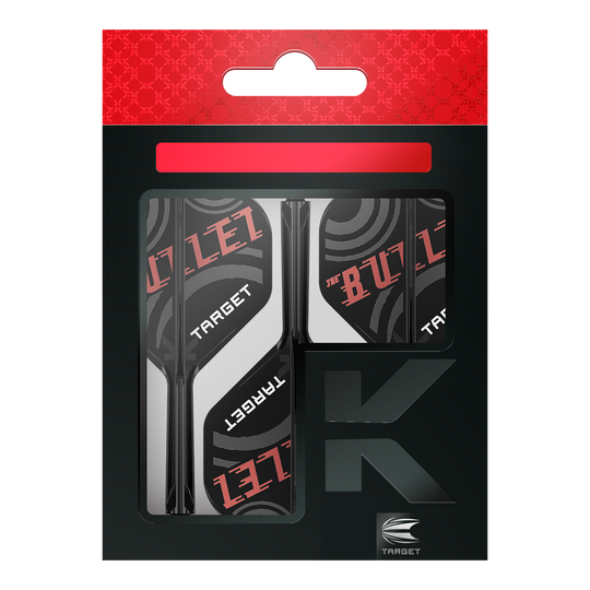 Systém standardní letky Target K-Flex Stephen Bunting No2 Die Abbildung zeigt eine Verpackung der "Target K-Flex Stephen Bunting No2 Standard Flights". Die Flights sind schwarz, weiß und rot gestaltet und tragen die Aufschrift "THE BULLET" sowie "TARGET".