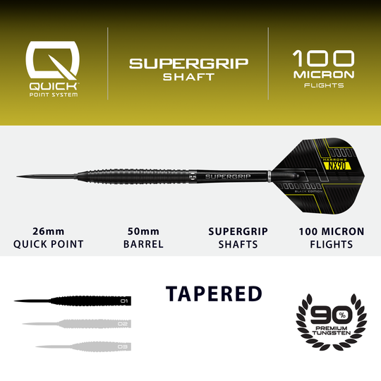 Harrows NX90 Black Edition Tapered Quick Point ocelové šipky Das Bild zeigt die Harrows NX90 Black Edition Tapered Quick Point Steeldarts. Diese Steeldarts zeichnen sich durch ihr modernes schwarzes Design aus.