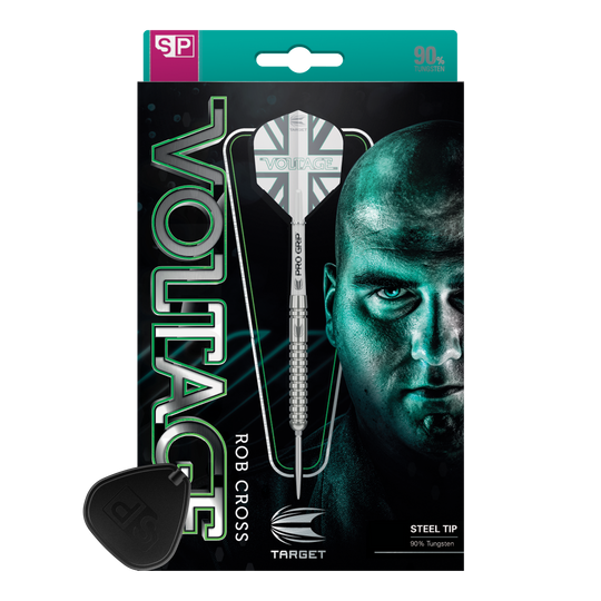 Šipky Target Rob Cross Voltage Swiss Point Steel Das Bild zeigt die Verpackung der "Target Rob Cross Voltage Swiss Point Steeldarts". Auf der Verpackung sind ein Dartpfeil und das Gesicht eines Mannes prominent abgebildet.