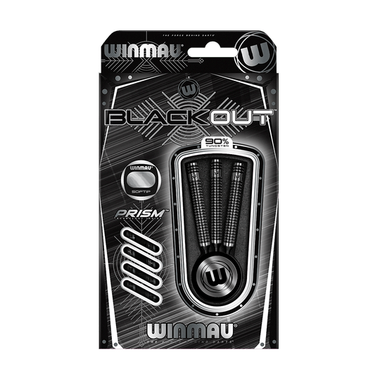 2061-20-Winmau-Blackout-Tungsten-Softdarts-3 Die Abbildung zeigt eine Packung "Winmau Blackout Tungsten Softdarts". In der Verpackung sind drei schwarze Softdarts mit 90% Tungsten-Anteil zu sehen.