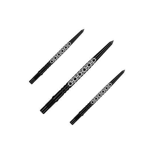 Špičky na šipky Shot Turbo Point Goths - černé Ein Set aus mehreren schwarzen Dartspitzen ist zu sehen. Die Spitzen eignen sich für verschiedene Dartpfeile.