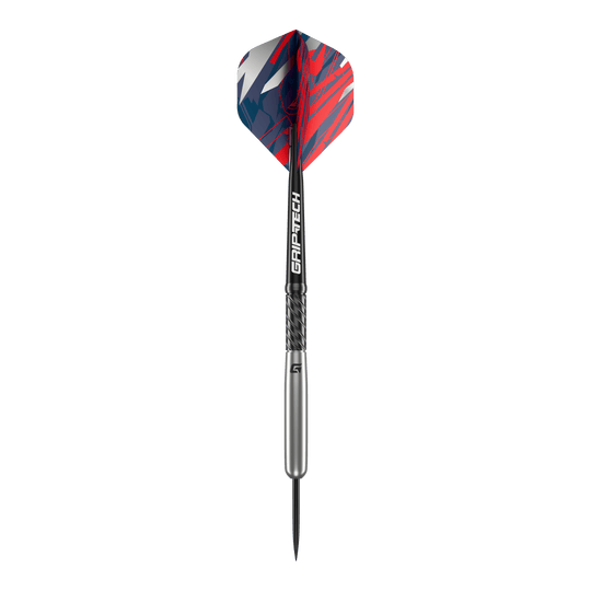 Šipky GOAT Homerun Baseball Tungsten Steel Das Bild zeigt den GOAT Homerun Baseball Tungsten Steeldart. Der Dart hat auffällige Flights in Rot, Blau und Weiß sowie einen silbernen Schaft mit der Aufschrift "GRIP-TECH".
