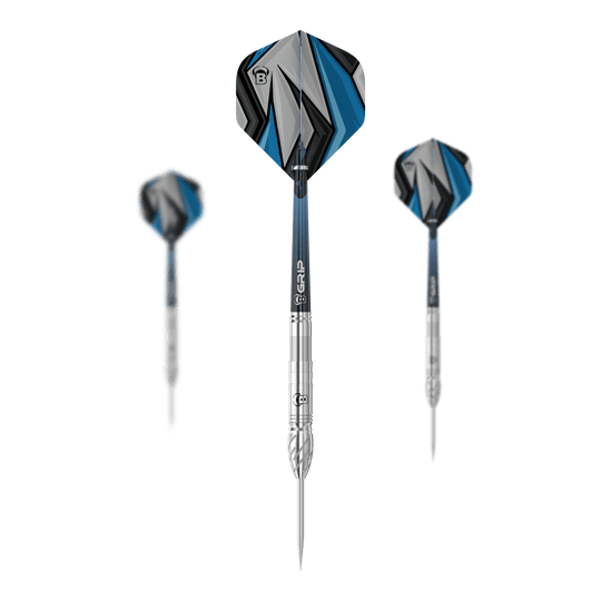 Bulls Stone S1 Steeldarts Das Bild zeigt drei Steeldarts des Modells "Bulls Stone S1". Die Darts haben silberne Spitzen und Schäfte mit blau-grau-schwarzen Flights.