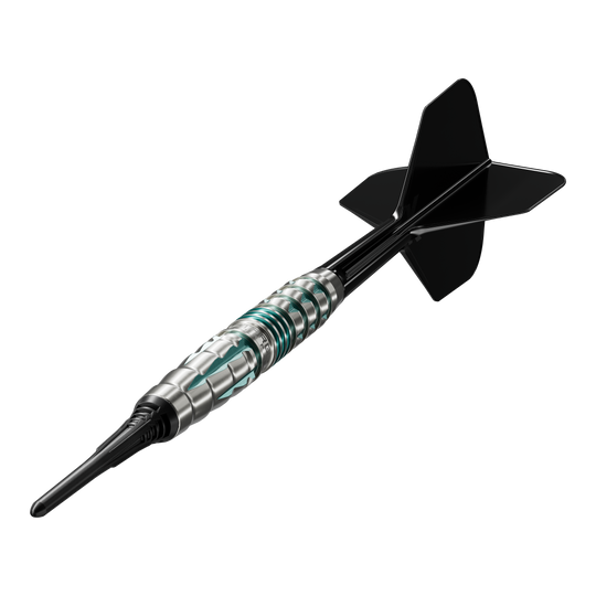 Auf dem Foto ist das Produkt Target Black Marque Pierce Softdarts - 18,5g zu sehen. Diese Darts haben ein elegantes Design und eignen sich ideal für Softdart-Liebhaber.