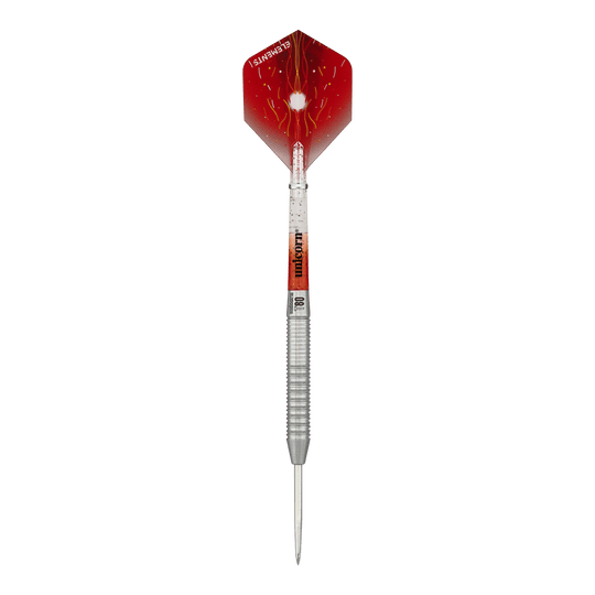 Steeldarts Unicorn Core XL Striker Style 1 - 22g Das Bild zeigt einen Unicorn Core XL Striker Style 1 Steeldart mit einem Gewicht von 22 Gramm. Der Dart hat eine silberne Spitze und einen roten Flight mit auffälligem Muster.