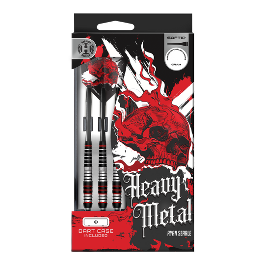 Šipky Harrows Heavy Metal Ryan Searle Brass Soft Das Bild zeigt Harrows Heavy Metal Ryan Searle Brass Softdarts. Die Darts werden aus Messing gefertigt und sind auf einer hellen Fläche angeordnet.