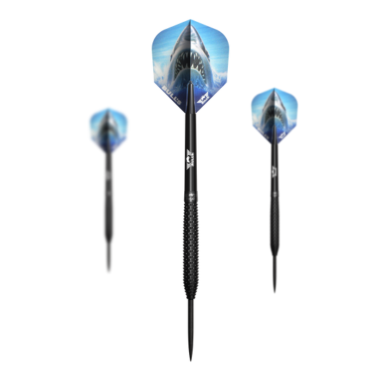 Das Bild zeigt drei schwarze Steeldarts mit dem Namen "Bulls NL Shark Pro Black Steeldarts". Die Flights der Darts sind mit dem Bild eines offenen Haifischmauls bedruckt.