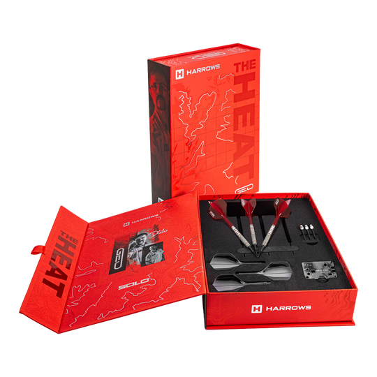 Die Harrows Damon Heta Geo Softdarts in 18g werden gezeigt. Die Darts sind modern gestaltet.