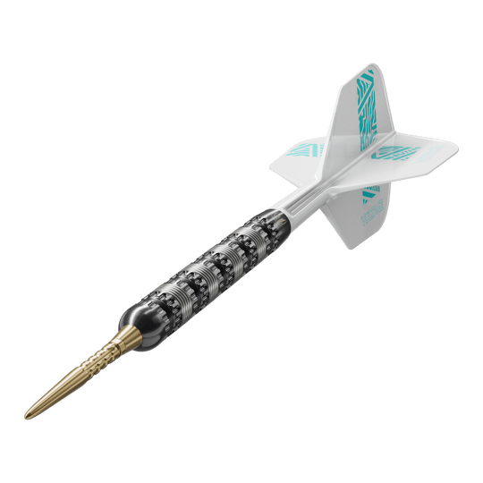 Šipky Target Rob Cross 95K Swiss Point Steel Das Bild zeigt einen Target Rob Cross 95K Swiss Point Steeldart. Der Dart hat eine schwarze Griffzone, eine goldene Spitze und weiße Flights mit türkisfarbenem Muster.