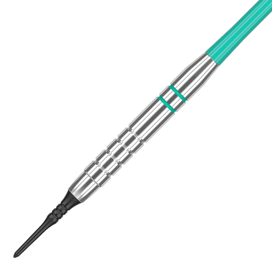 100550_Target_Rob_Cross_Silver_Voltage_Softdarts_2 Das Bild zeigt einen Target Rob Cross Silver Voltage Softdart mit einem Gewicht von 18 Gramm. Der Dartpfeil hat ein silbernes Barrel mit türkisfarbenen Akzenten und einer schwarzen Softspitze.