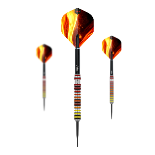 Ocelové šipky Red Dragon Furnace Hier sehen Sie das Set der Red Dragon Furnace Steeldarts. Die Darts sind in einer geordneten Anordnung dargestellt.