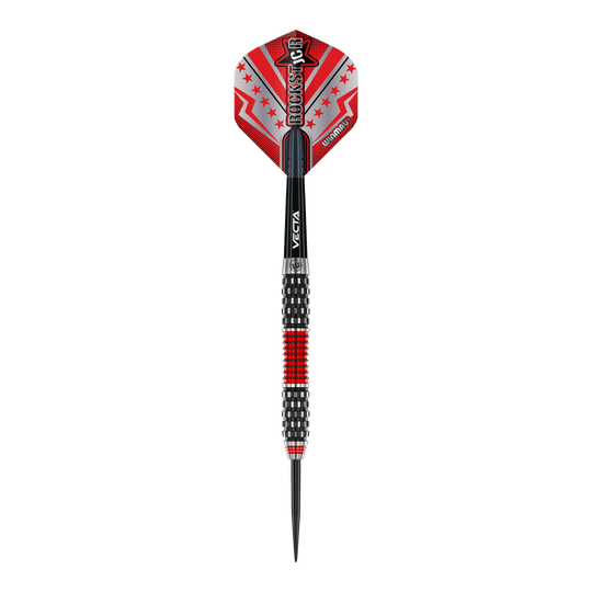 Šipky Winmau Joe Cullen Rockstar Series RS1 ocelové Das Bild zeigt einen Winmau Joe Cullen Rockstar Series RS1 Steeldartpfeil. Der Pfeil ist überwiegend schwarz mit roten und silbernen Akzenten sowie einem auffälligen "Rockstar"-Aufdruck auf dem Flight.