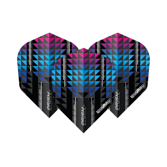 Das Bild zeigt drei Winmau Prism Alpha Blau Pink No6 Flights. Sie haben ein geometrisches Muster in Blau, Pink und Schwarz mit dem Winmau-Logo.