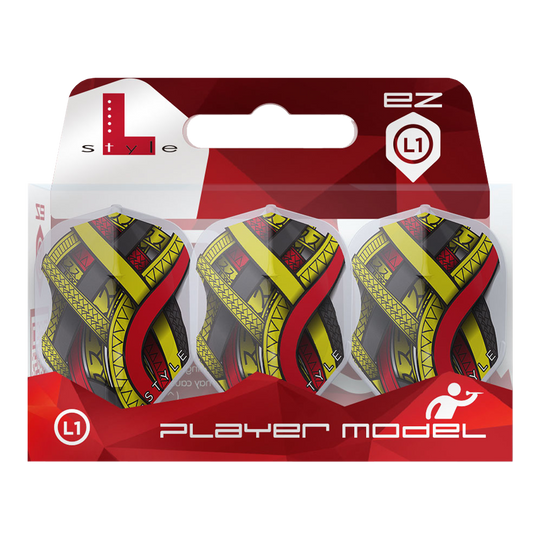 Die Abbildung zeigt eine Packung mit drei L-Style Mike De Decker Type A Clear White L1EZ Flights. Das Design ist bunt mit roten, gelben und schwarzen Elementen.