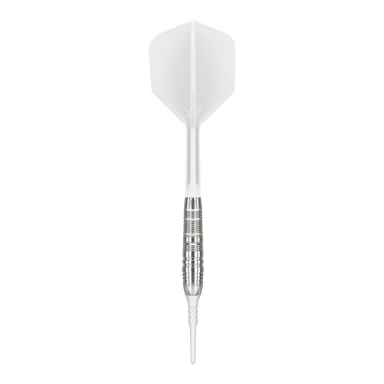 Měkké šipky Target Japan Crux Trust - 17g Das Bild zeigt einen Target Japan Crux Trust Softdart mit einem Gewicht von 17 Gramm. Der Dart hat einen silbernen, gerillten Schaft und weiße Flights.
