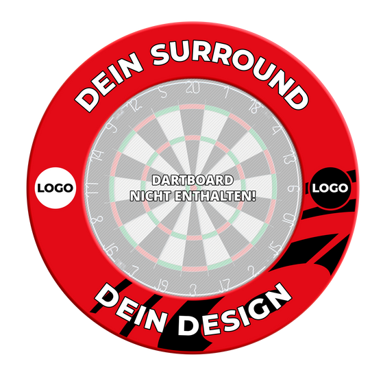 Obložení terče s vaším designem Hier ist ein weiteres rotes Dartboard-Surround abgebildet. Es schützt die Wand und verschönert das Dart-Setup.