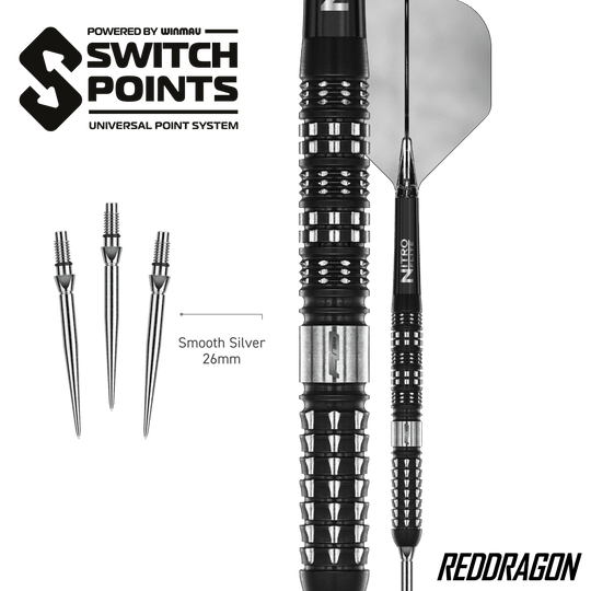 Auf dem Bild sind die Red Dragon Recon Parallel Steeldarts zu sehen. Die Darts haben ein paralleles Barrel-Design für gleichmäßigen Griff.