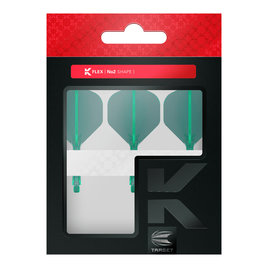 Standardní letový systém Target K-Flex No2 - zelený Dart-Flights mit gleichmäßiger Flächenstruktur und definierter Form sind abgebildet. Die Produkte liegen sortiert neben- und übereinander.