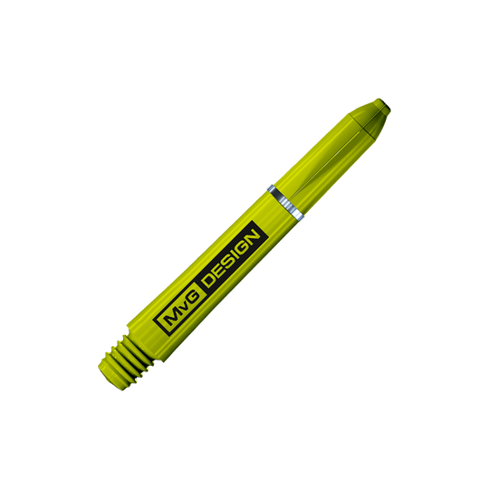 7100_Winmau_Nylon_Ring_Grip_MvG_Design_Shafts_35mm_2 Das Bild zeigt einen gelben Dartshaft mit der Aufschrift "MvG DESIGN". Es handelt sich um das Produkt "Winmau Nylon Ring Grip MvG Design Shafts".