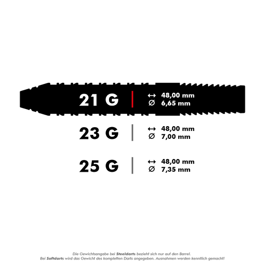 190054_Target_Bolide_02_Swiss_Point_Steeldarts_5_21g Das Bild zeigt die technischen Daten der Target Bolide 02 Swiss Point Steeldarts in drei verschiedenen Gewichten. Die Darts sind in 21 g, 23 g und 25 g erhältlich, jeweils mit einer Länge von 48 mm und unterschiedlichen Durchmessern.