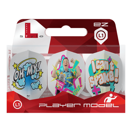 Letky Wayne Mardle typu L-Style Type B L1EZ White Die Verpackung zeigt die L-Style Wayne Mardle Type B L1EZ White Flights. Die Flights sind farbenfroh gestaltet und tragen Comic-Sprüche wie „OH MY!“ und „I can’t spake!“.