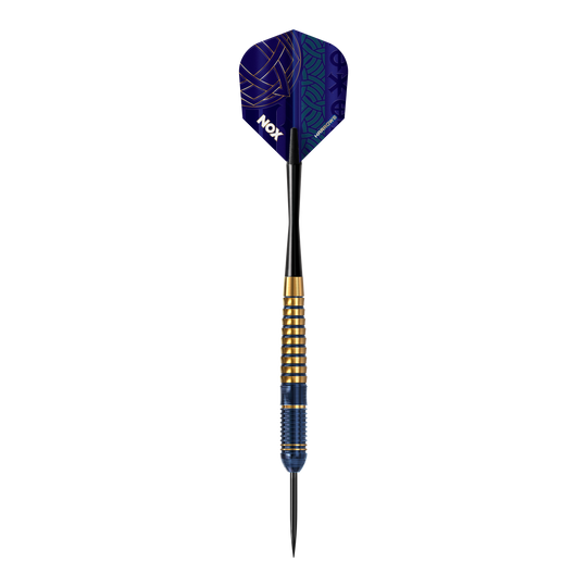 Das Bild präsentiert die Harrows Nox Premium Brass Steeldarts. Diese Pfeile sind ideal für Steeldart-Spieler und bieten eine gute Verarbeitung.