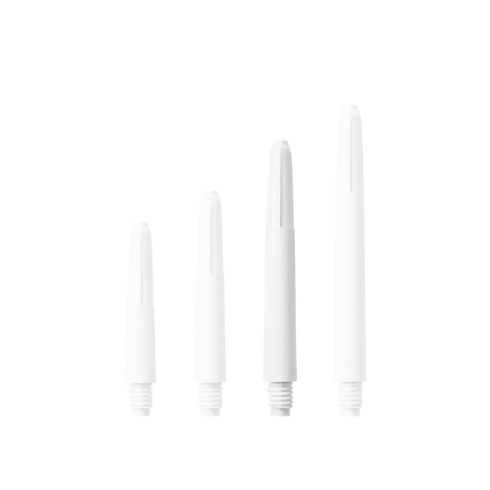 Das Bild zeigt vier Nylon Shafts in Schneeweiß, die nebeneinander angeordnet sind. Sie unterscheiden sich in ihrer Länge und haben ein Schraubgewinde am unteren Ende.