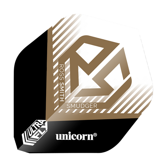 Letky Unicorn Ultrafly 100 Ross Smith Smudger AR1 Das Bild zeigt einen Dartflight mit der Aufschrift „ROSS SMITH SMUDGER“ und einem goldenen Logo auf weißem Hintergrund. Unten befinden sich die Markenbezeichnungen „ultrafly“ und „unicorn“.