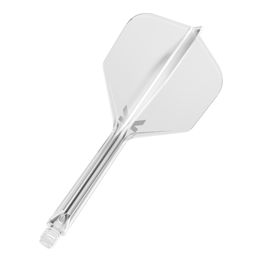 Letový systém Target K-Flex No6 - čirý Das Bild zeigt einen transparenten Dart-Flug mit Schaft vor schwarzem Hintergrund. Das Produkt wirkt modern und klar gestaltet.