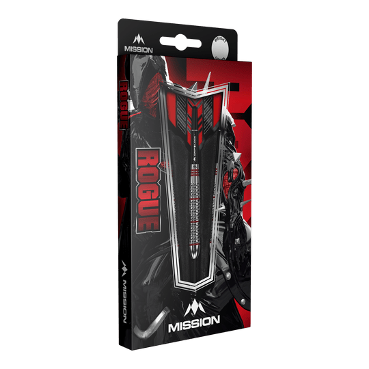 Šipky Mission Rogue Brass Steel - 22g Die Abbildung zeigt die Verpackung der "Mission Rogue Brass Steeldarts - 22g". Die Verpackung ist überwiegend schwarz und rot gestaltet und zeigt den Dartpfeil sowie das Rogue-Logo deutlich.