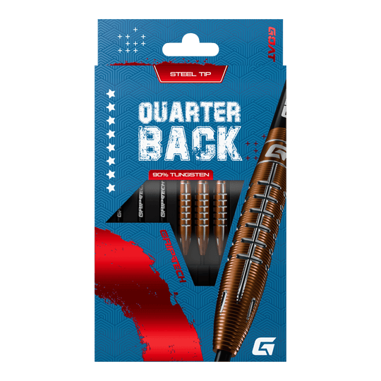 Šipky GOAT Quarterback V2 z wolframové oceli - 24g Die Verpackung zeigt die "GOAT Quarterback V2 Tungsten Steeldarts - 24g" mit Stahlspitze. Die Darts bestehen zu 90% aus Tungsten und haben ein modernes Design.