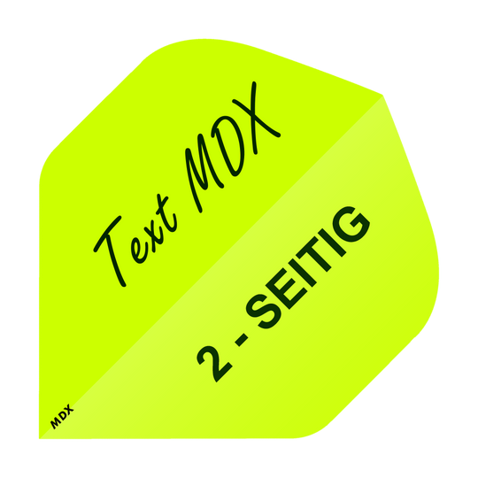 MD-405_2-Seitig_Bedruckte_Flights_Wunschtext_MDX_Gelb_Standard_1 Das Bild zeigt ein gelbes Quadrat mit den Aufschriften "Text MDX" und "2-SEITIG". In der unteren linken Ecke steht klein "MDX".