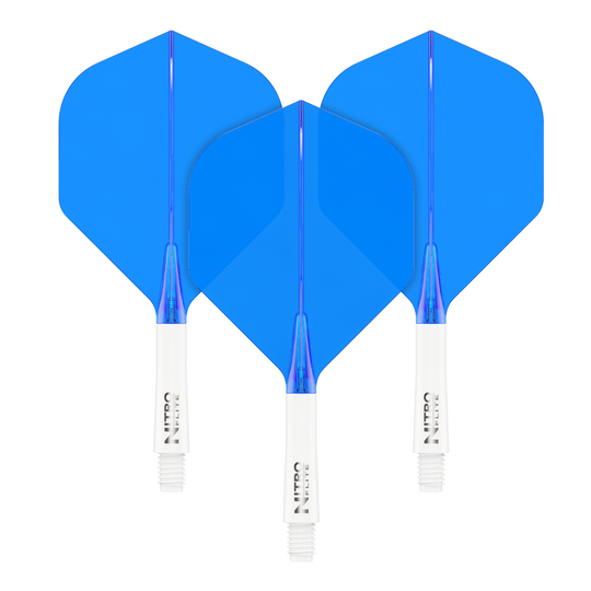 Red Dragon Nitroplite - White Shaft Blue No2 Flights Auf dem Bild sind drei blaue Dart-Flights mit weißen Schäften zu sehen. Sie stehen nebeneinander und haben die gleiche Größe und Form.
