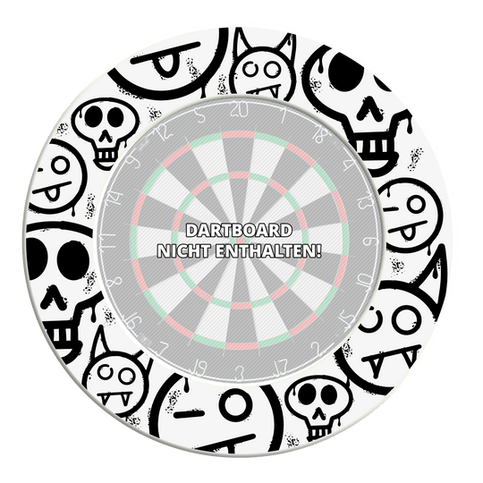 Ein Bild mit dem Dateinamen MSF-A4_McDart_Graffiti_Smilies_Dartboard_Surround_Wei_3. Es zeigt vermutlich ein Produkt mit Graffiti- und Smiley-Design rund um ein Dartboard.