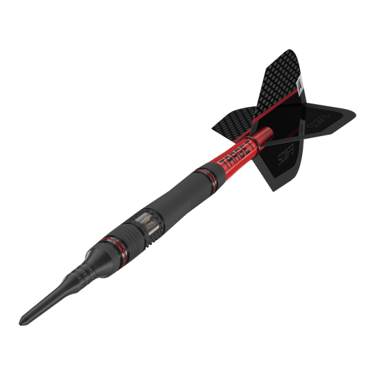 Target Scope 11 měkkých šipek Das Bild zeigt einen Target Scope 11 Softdart mit schwarzem und rotem Design. Der Dartpfeil hat eine schwarze Spitze und eine schwarze Flight-Fläche mit Schriftzug.