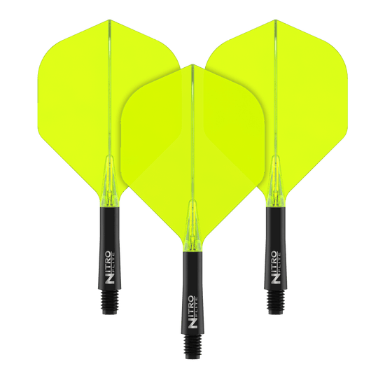 Red Dragon Nitroplte - letky s černým shaftem a žlutým hákem č. 2 Auf dem Bild sind drei gelbe Dart-Flights mit schwarzen Schäften zu sehen. Auf den Schäften steht der Text "NITRO FLITE".