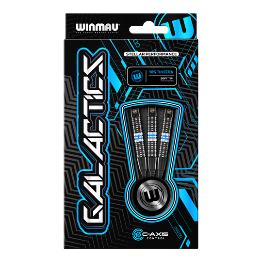 Měkké šipky Winmau Galactics - 20g Die Abbildung zeigt eine Verpackung der "Winmau Galactics Softdarts - 20g". Das Design ist modern und hebt die wichtigsten Merkmale wie 90% Tungsten und Soft Tip hervor.