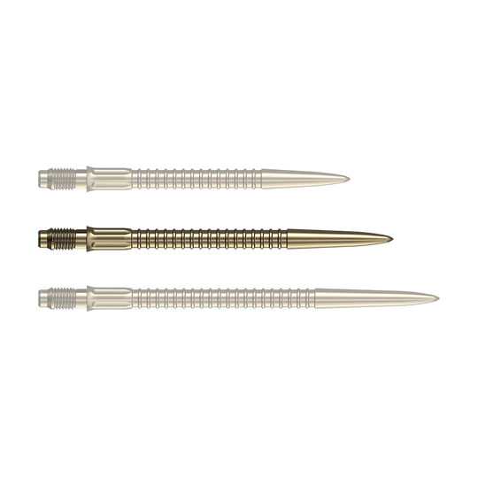 Špičky na šipky Mission R2.5 Rapid Point GV1 - zlaté Eine goldene Dartspitze mit einer Länge von 35mm ist auf dem Foto zu erkennen. Ideal für Dartspieler zur Erneuerung der Pfeile.