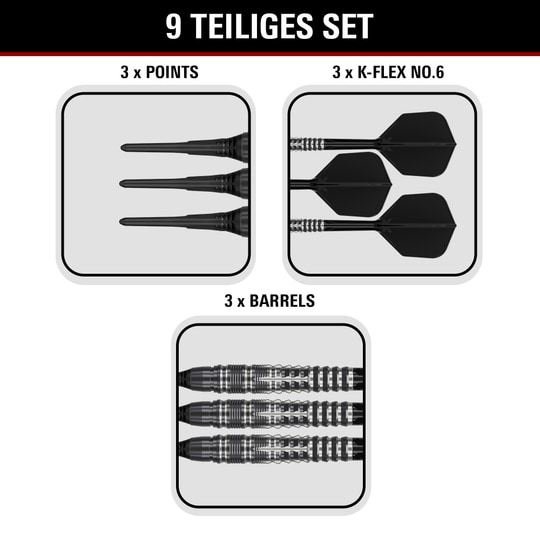 Gezeigt werden die Target Black Marque Blaze Softdarts mit 18g Gewicht. Diese Softdarts sind für ambitionierte Spieler entworfen.