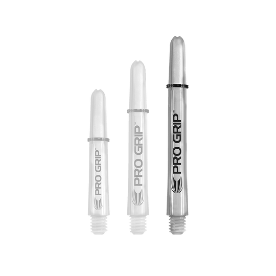 Target Pro Grip Shafts - 3 sady - Transparentní Das Bild zeigt drei transparente Pro Grip Shafts in unterschiedlichen Längen. Sie sind mit der Aufschrift "PRO GRIP" und einem schwarzen Logo versehen.