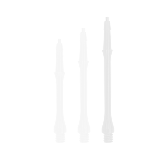 HRC-12589-W_Harrows_Clic_Slim_Shafts_White_37mm_1Fk6PTWEtOmTgc Das Bild zeigt drei weiße Harrows Clic Slim Shafts in unterschiedlichen Längen. Die Shafts stehen nebeneinander auf weißem Hintergrund.