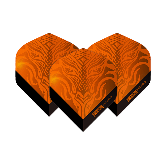 Pentathlon HD150 metalicky oranžové standardní letky Das Bild zeigt drei Pentathlon HD150 Metallic Orange Standard Flights. Sie haben ein auffälliges orangenes Design mit schwarzen Akzenten und einem dekorativen Muster.