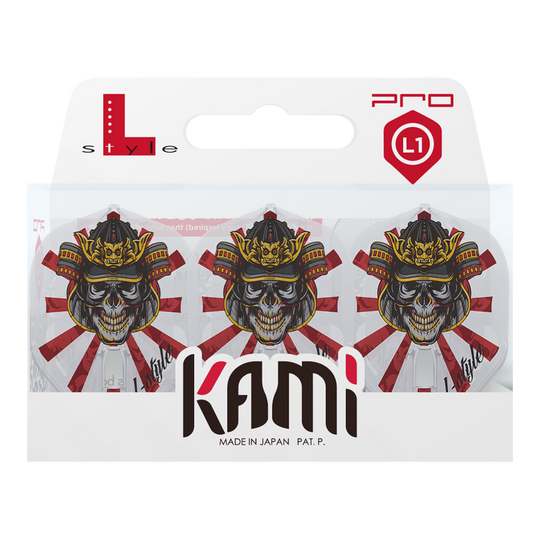 Das Bild zeigt eine Packung mit L-Style Robert Marijanovic V2 Samurai Clear L1PRO KAMI Flights. Auf den Flights ist ein Totenkopf mit einer Samurai-Helm-Grafik und roten Strahlen im Hintergrund abgebildet.