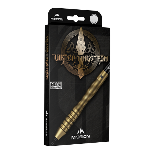 Šipky Mission Viktor Tingstrom Gold Steel - 22g Mission Viktor Tingstrom Gold Steeldarts - 22g, mehrere Dartpfeile werden präsentiert. Die goldene Farbgebung und das spezielle Design sind erkennbar.