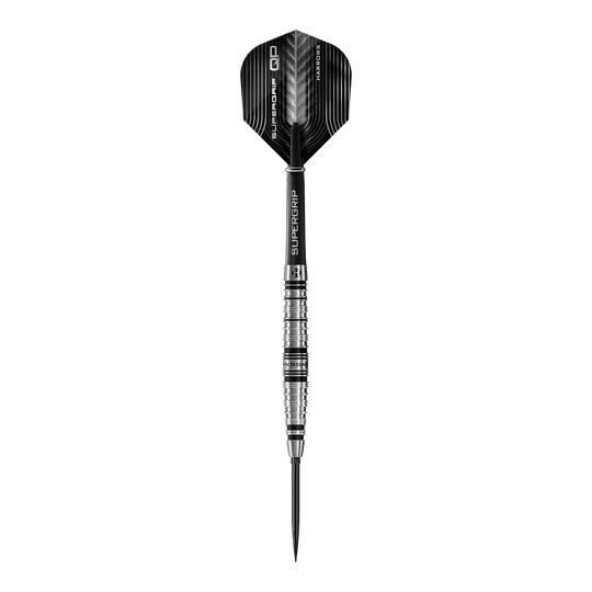 Das Bild präsentiert die Harrows Supergrip Torpedo Quick Point Steeldarts. Sie sind ideal für präzise Würfe und intensiven Einsatz.