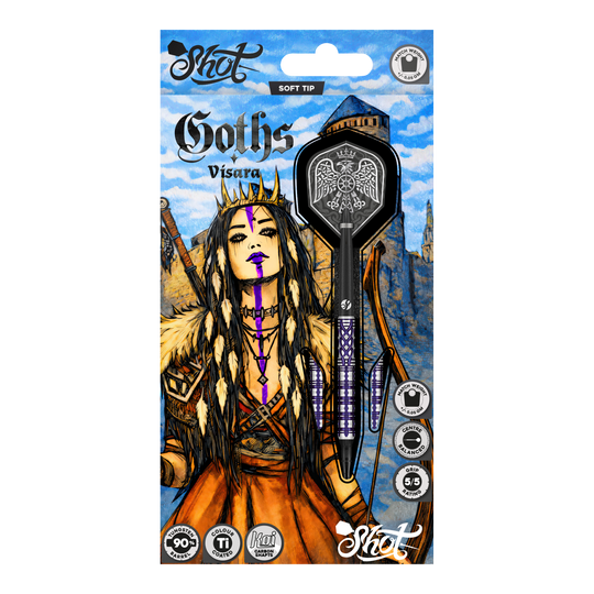 Šipky Shot Goths Visara Soft - 20g Hier sieht man die Shot Goths Visara Softdarts - 20g. Diese hochwertigen Softdarts sind speziell für den Freizeitsport entworfen.