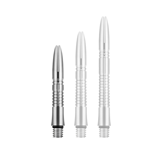 Titanové hřídele Shot Mako Das Bild zeigt drei silberne Dartschäfte aus Titan in unterschiedlichen Längen. Sie haben ein geripptes Design und ein Schraubgewinde am unteren Ende.
