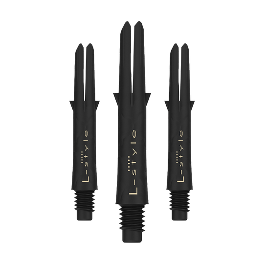 Karbonové šachty ve stylu L Das Bild zeigt drei schwarze Carbon Shafts für Dartpfeile der Marke L-Style. Die Shafts sind ohne Kappen und besitzen eine goldene Schrift.