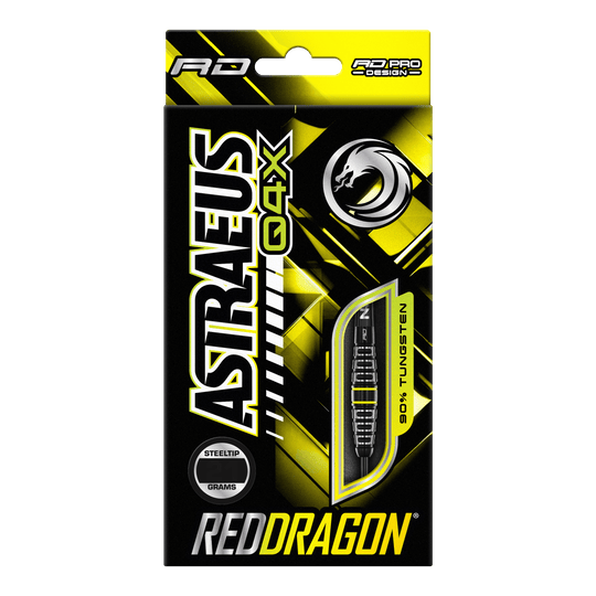 Šipky Red Dragon Astraeus Q4X Torpedo Steel Die Abbildung zeigt die Verpackung der "Red Dragon Astraeus Q4X Torpedo Steeldarts". Das Design ist überwiegend schwarz und gelb, mit auffälligem Markenschriftzug und einer sichtbaren Abbildung eines Darts.